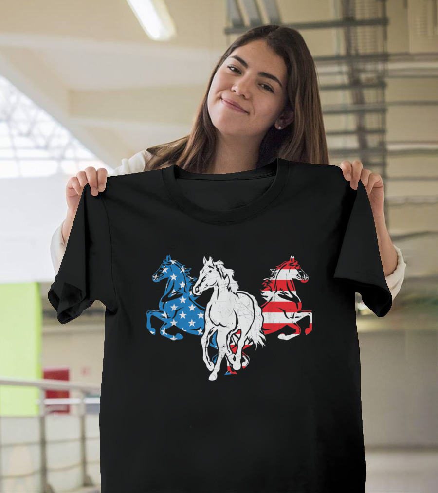 Triple Horses Equestrian American Flag Independence Day 4th July T-Shirt