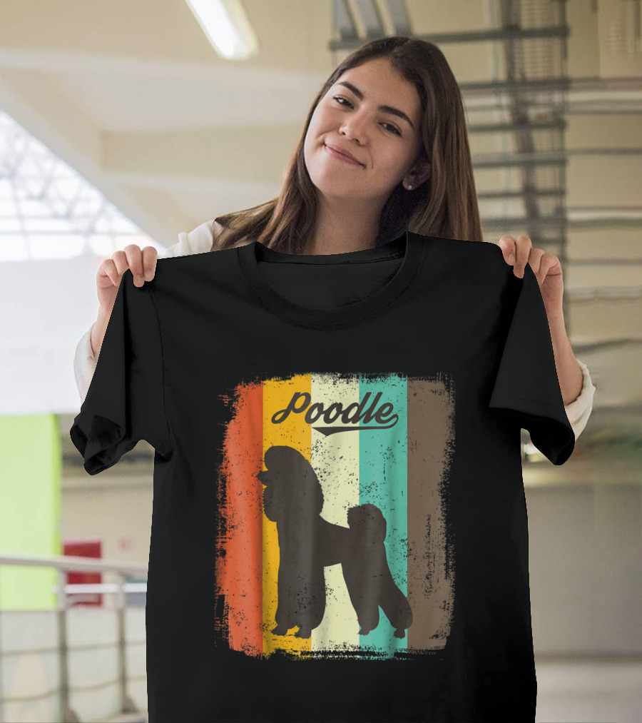 Poodle Silhouette on Retro Vintage Color Stripes T-Shirt