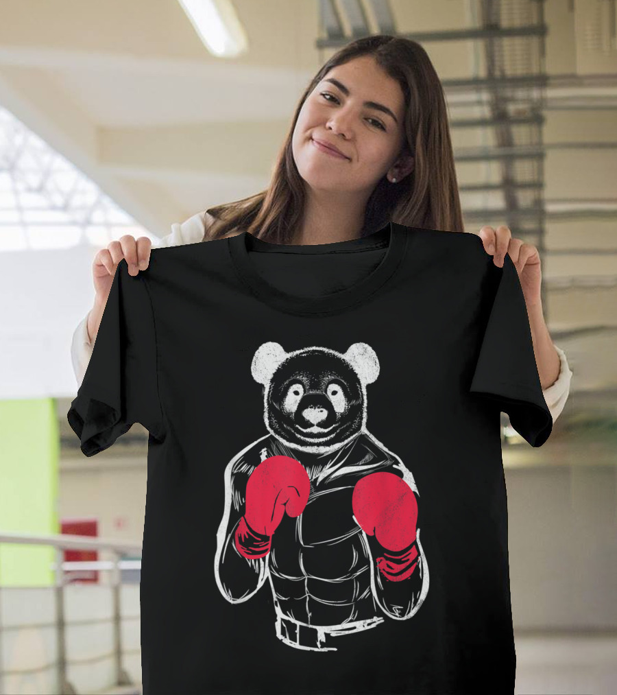 Charming Panda Bear Wearing Red Boxing Gloves Sports Fighter T-Shirt