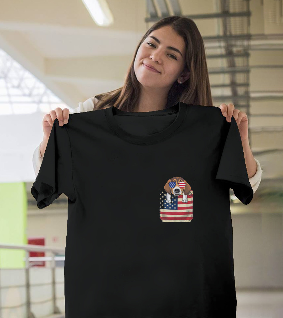 Beagle Wearing American Flag Sunglasses in Pocket with American Flag T-Shirt