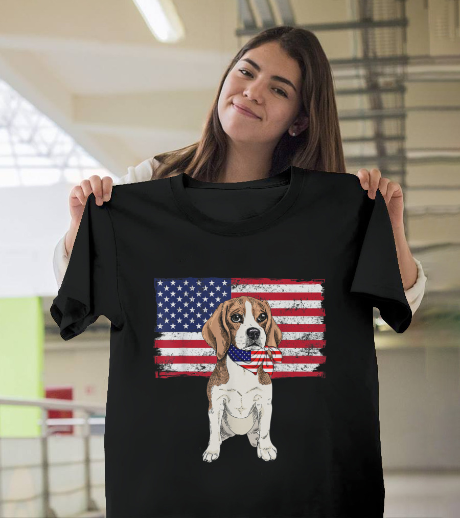 Beagle with American Flag Scarf and Patriotic Smile T-Shirt