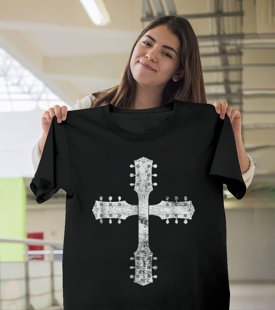 Christian Worship Team Guitar Cross Design with Vintage Artistic T-Shirt