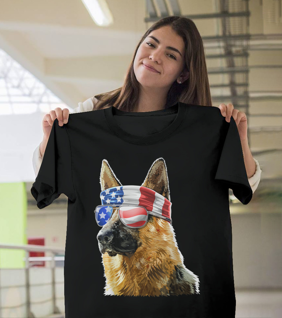 German Shepherd 4th of July Patriotic American Flag Sunglasses and Bandana T-Shirt