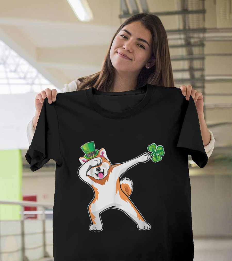 Akita Dog Dabbing Dance with St. Patrick's Day Hat and Shamrock T-Shirt
