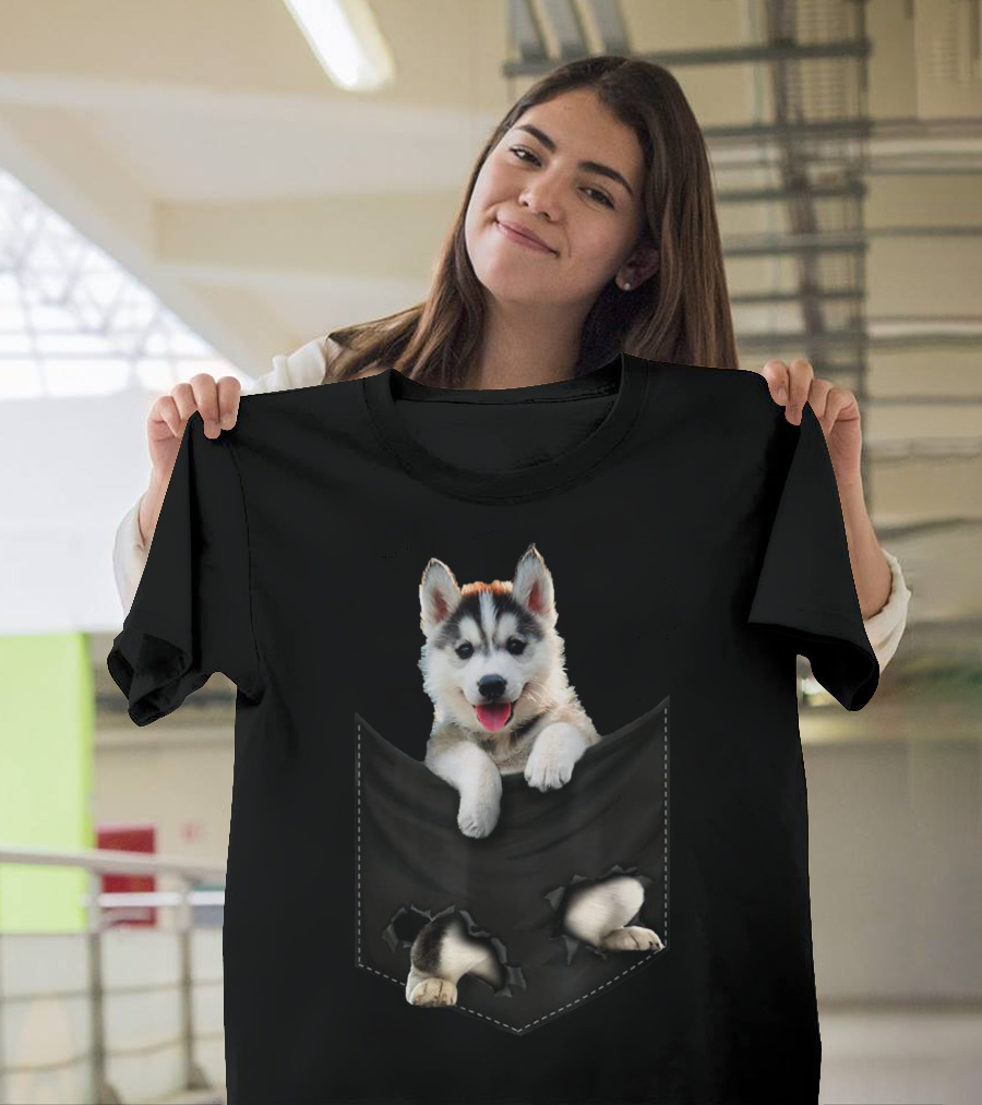 Husky Puppy Peeking Out of Ripped Pocket T-Shirt