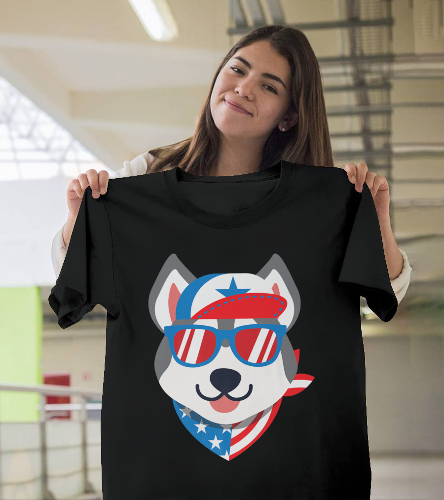 Husky with American Flag Sunglasses and Patriotic Bandana T-Shirt