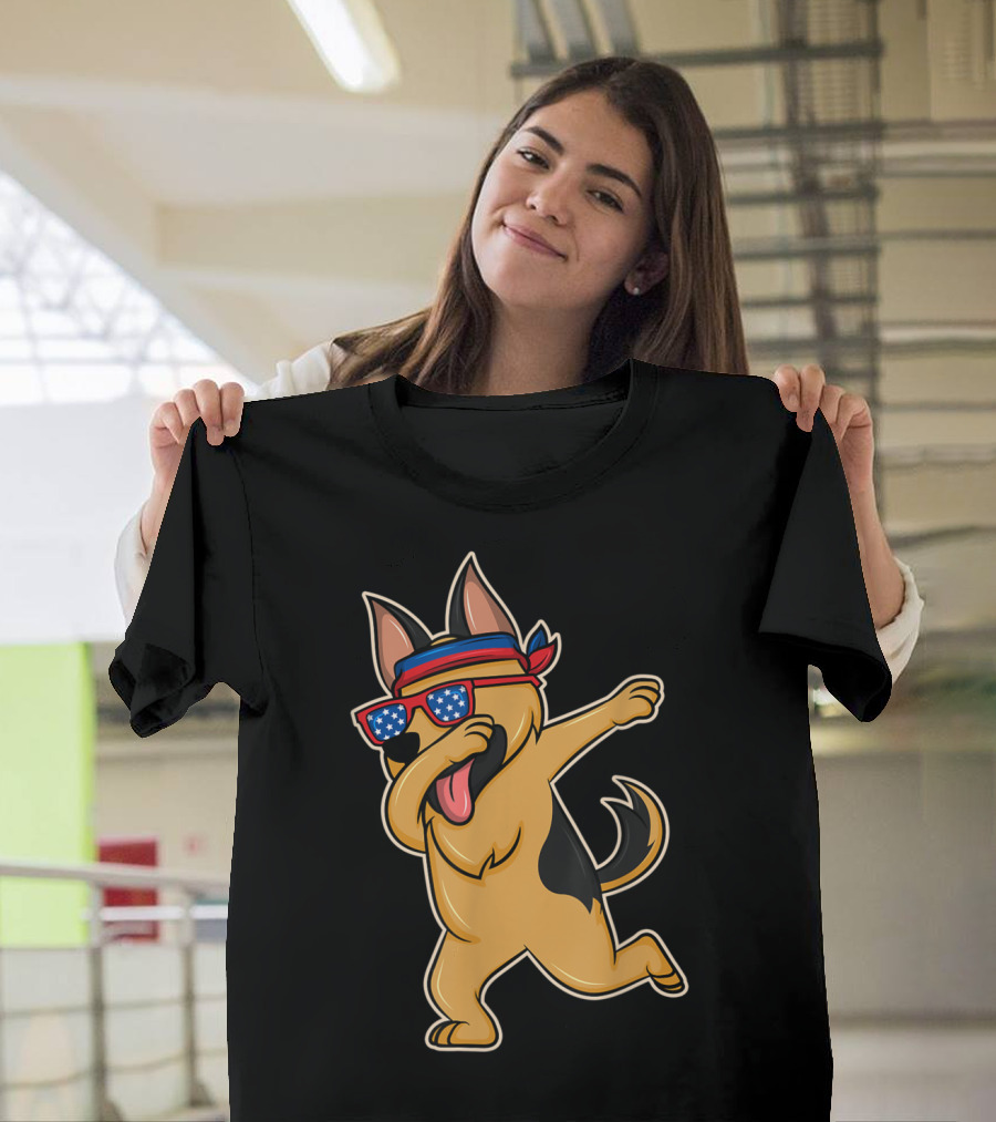 German Shepherd Dabbing 4th of July American Flag Sunglasses and Headband T-Shirt