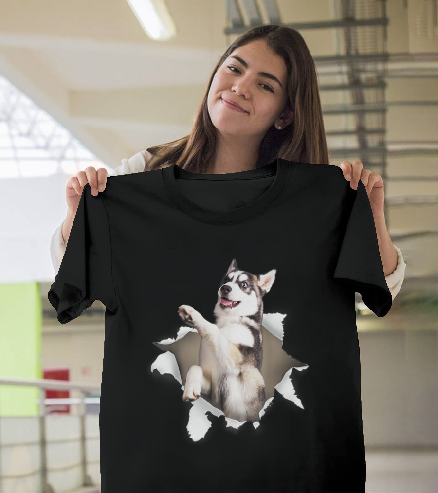 Husky Torn Paper Effect Playful 3D Illusion Image T-Shirt