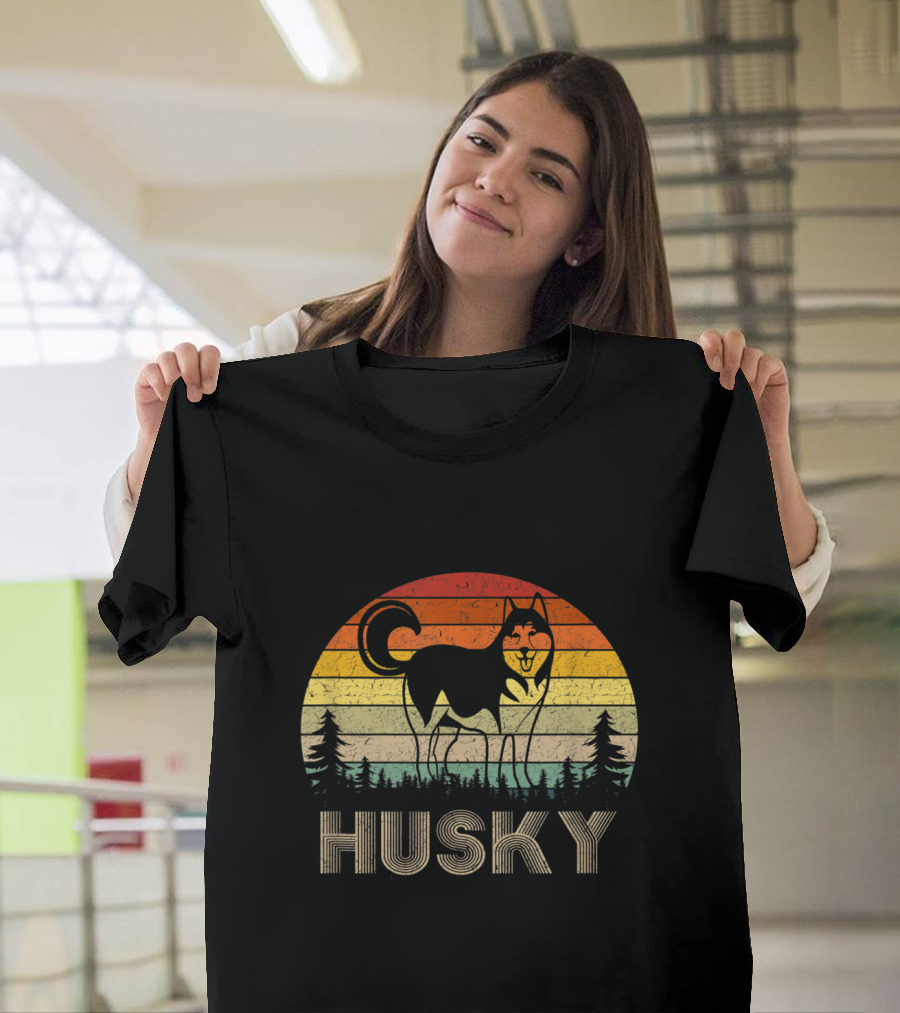 Husky Retro 70's Sunset Stripes Vintage Dog T-Shirt