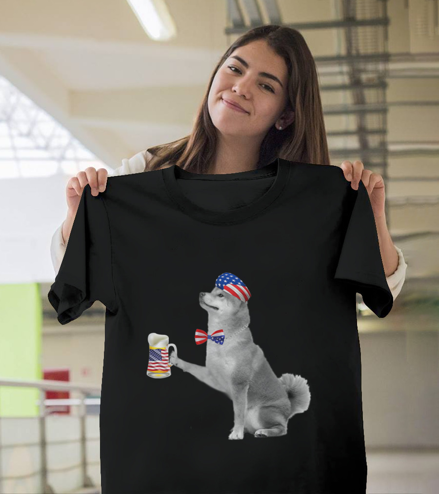 American Flag Akita with Beer Mug and Patriotic Hat and Bowtie T-Shirt