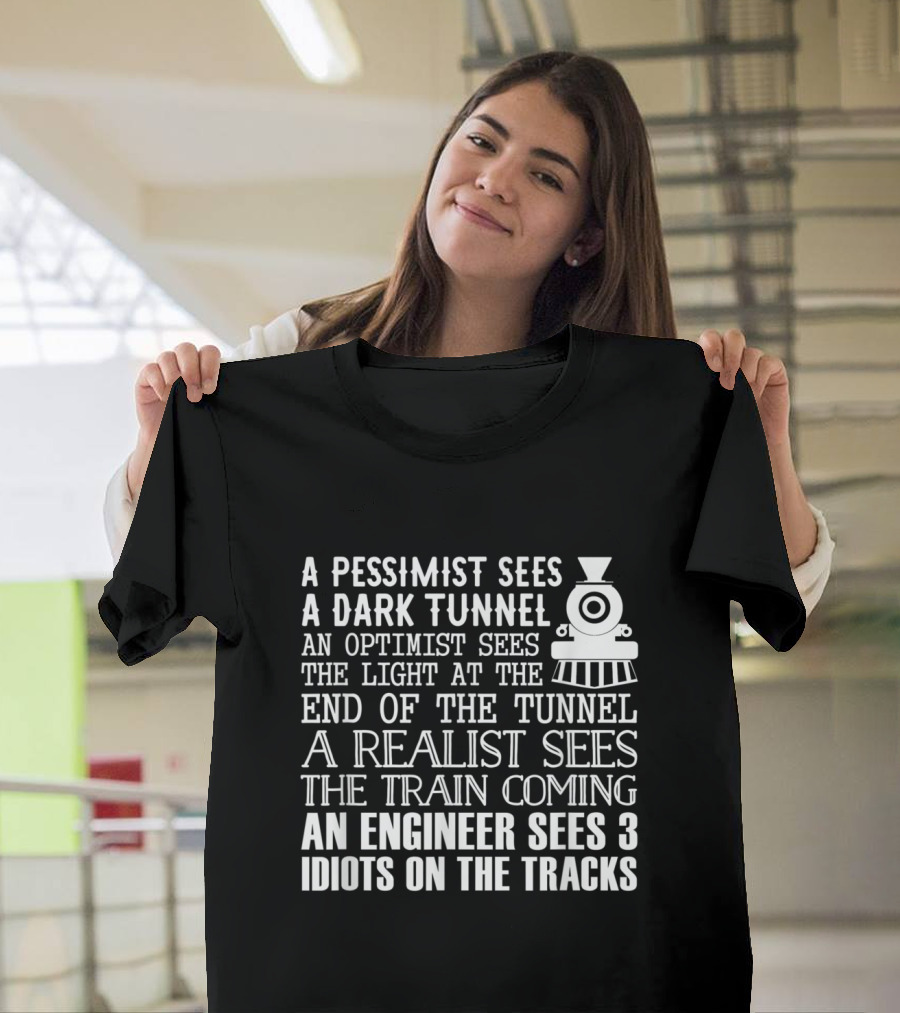 A Pessimist Sees a Dark Tunnel an Optimist Sees the Light at the End of the Tunnel a Realist Sees the Train Coming an Engineer Sees 3 Idiots on the Tr