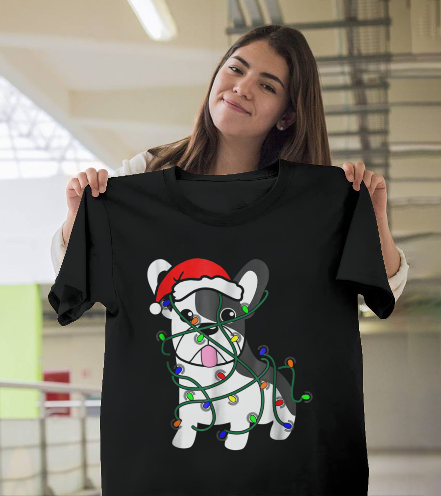 Santa Hat French Bulldog Wrapped in Christmas Lights Funny Holiday T-Shirt