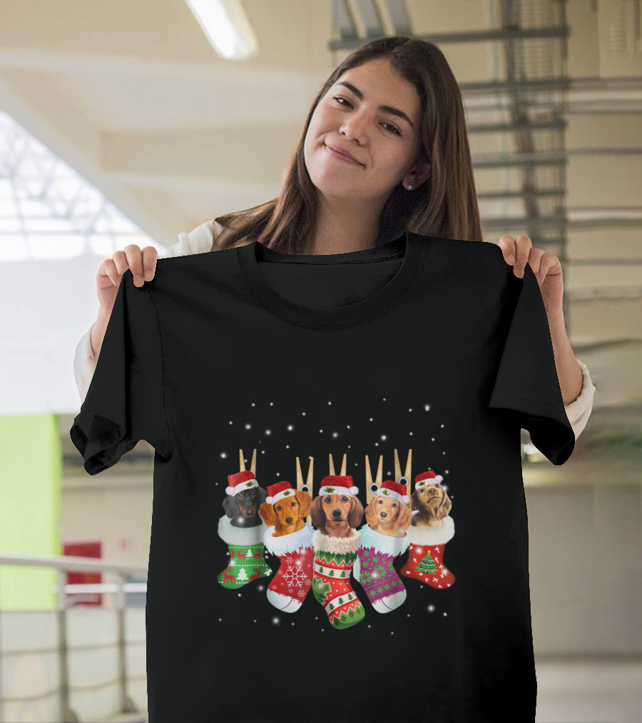 Christmas Dachshund Puppies in Festive Holiday Socks with Santa Hats T-Shirt