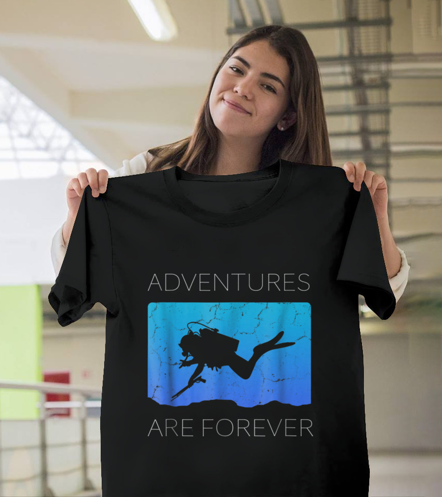 Adventures Are Forever Scuba Diving Silhouette on Blue Ocean Background T-Shirt