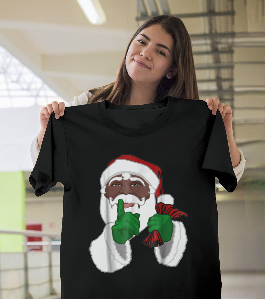 African American Santa with Green Gloves and Red Sack T-Shirt