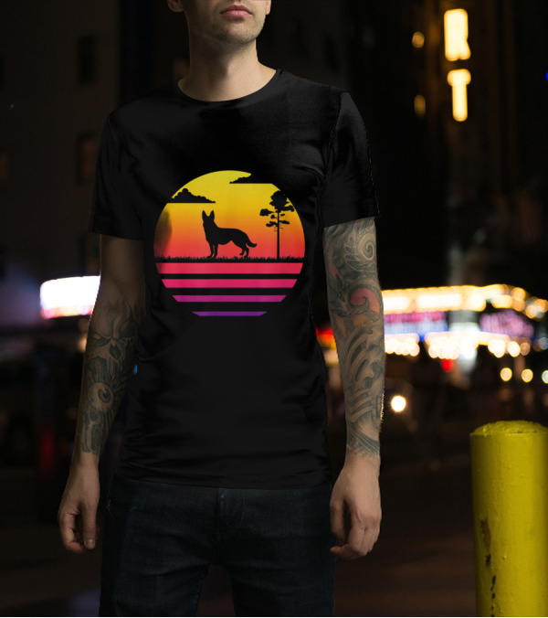 German Shepherd Silhouette With Vintage Sunset And Nature Scene T-Shirt