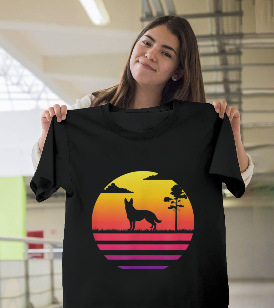 German Shepherd Silhouette with Vintage Sunset and Nature Scene T-Shirt