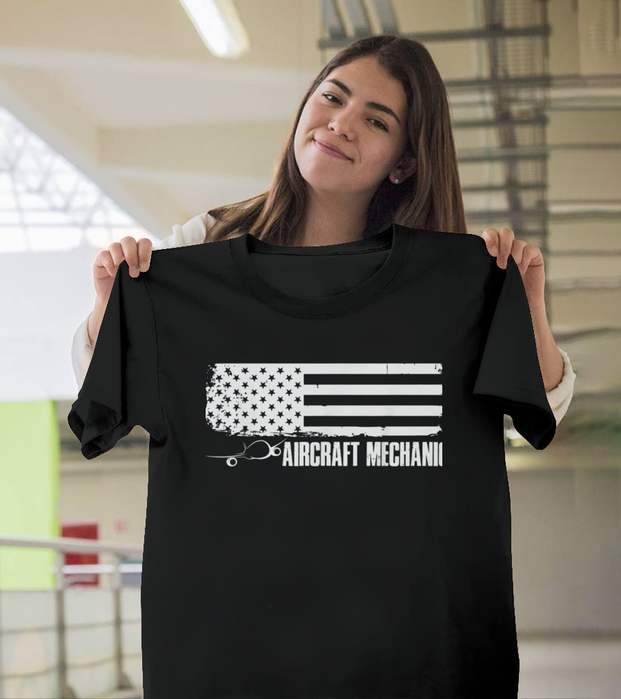 American Flag and Airplane Graphic Aircraft Mechanic T-Shirt