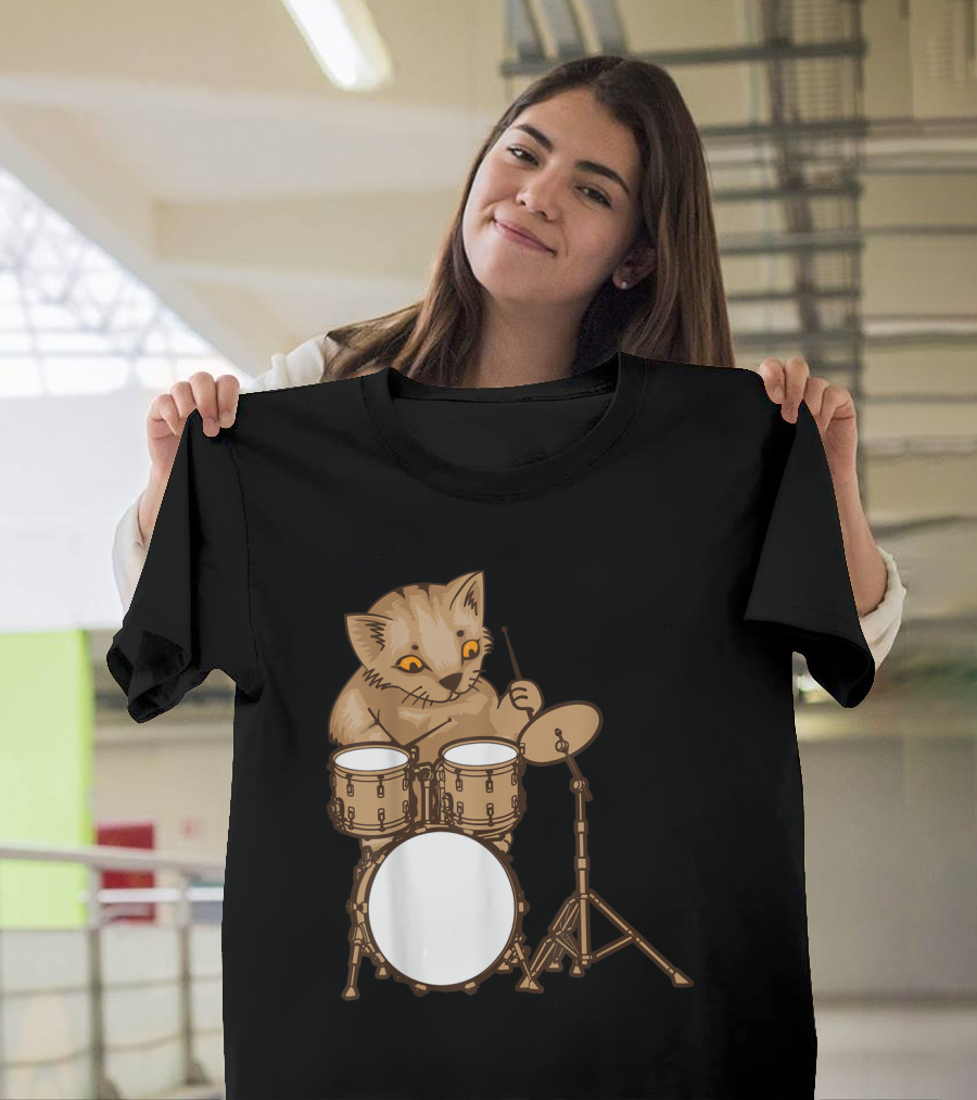 Drumming Cat Funny Irony Music Animation Kitty Playing Drums T-Shirt