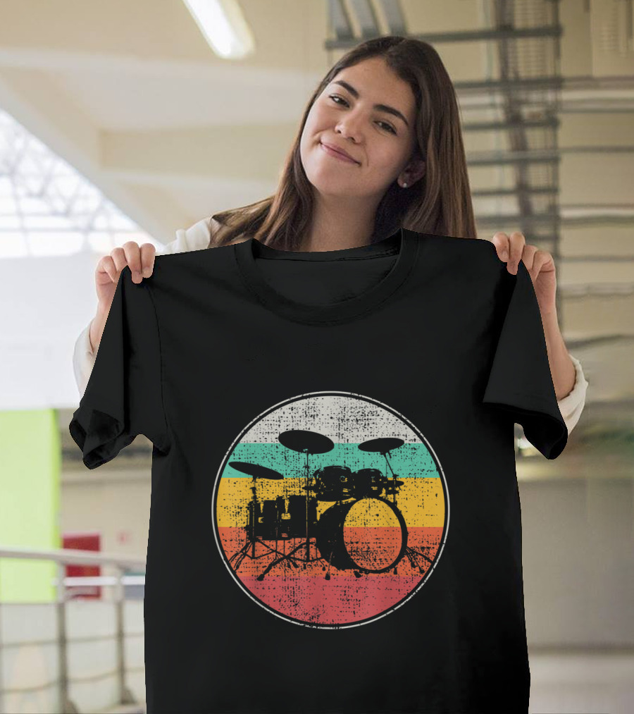 Retro Drumset Silhouette in Vintage Color Bands T-Shirt