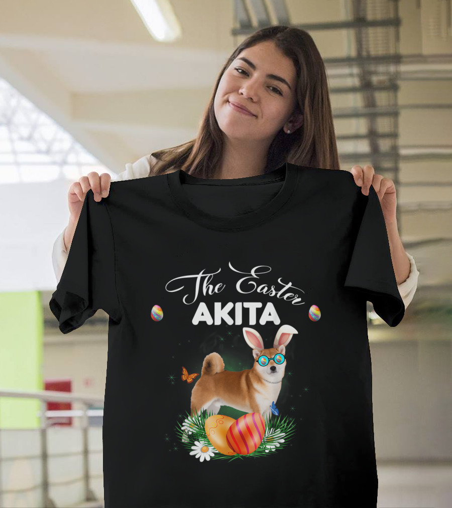 The Easter Akita Bunny with Eggs and Glasses T-Shirt