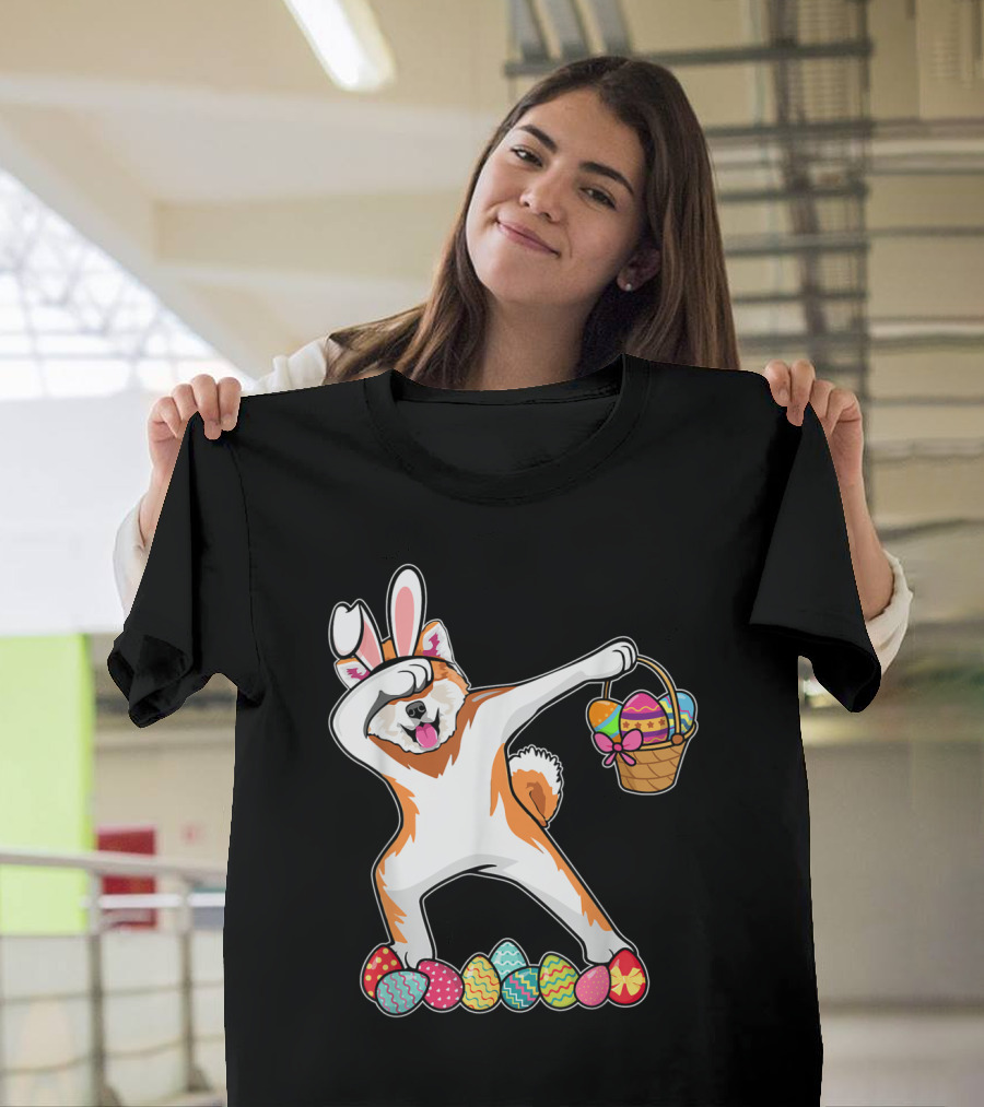 Akita Dog Dabbing with Bunny Ears and Easter Egg Basket Surrounded by Colorful Eggs T-Shirt