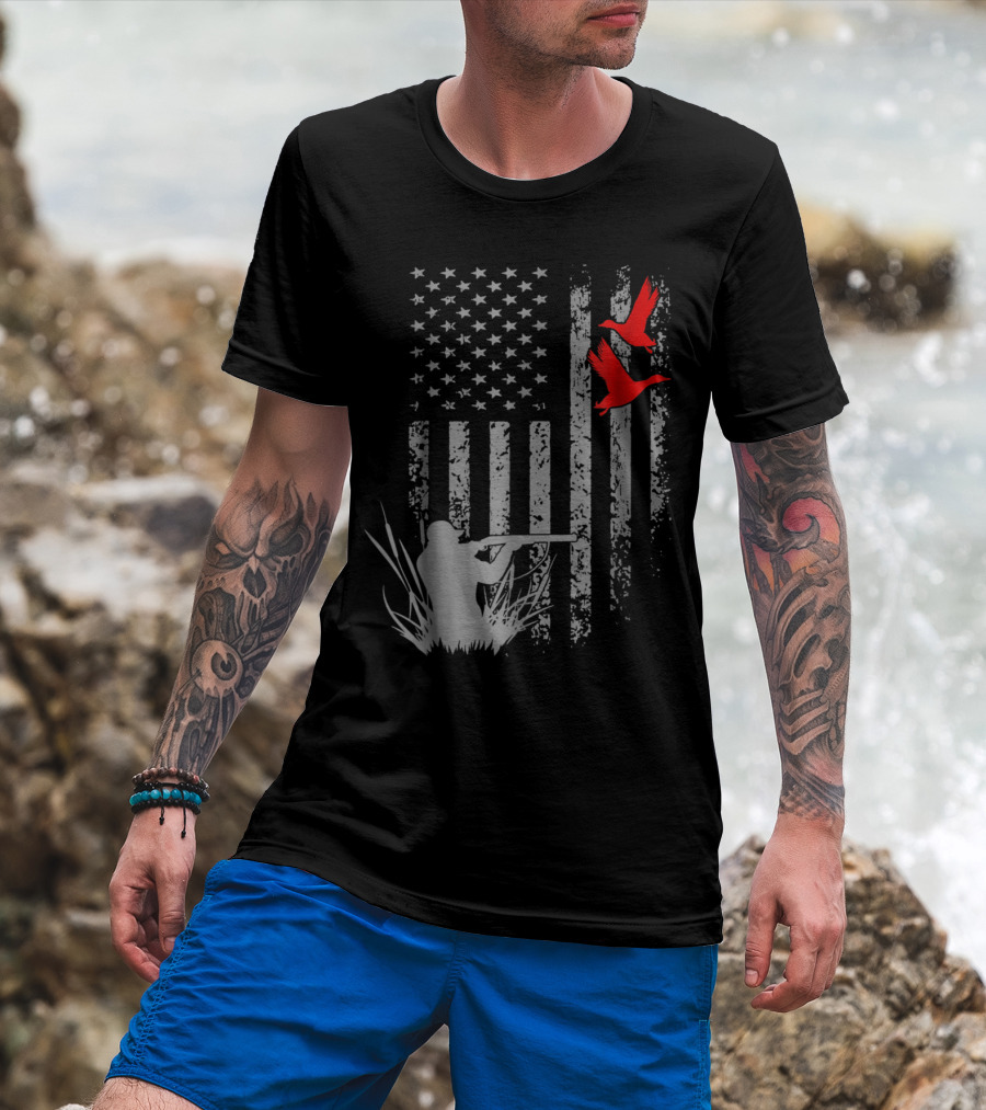 American Flag Duck Hunting Clothing Hunter With Rifle Birds T-Shirt