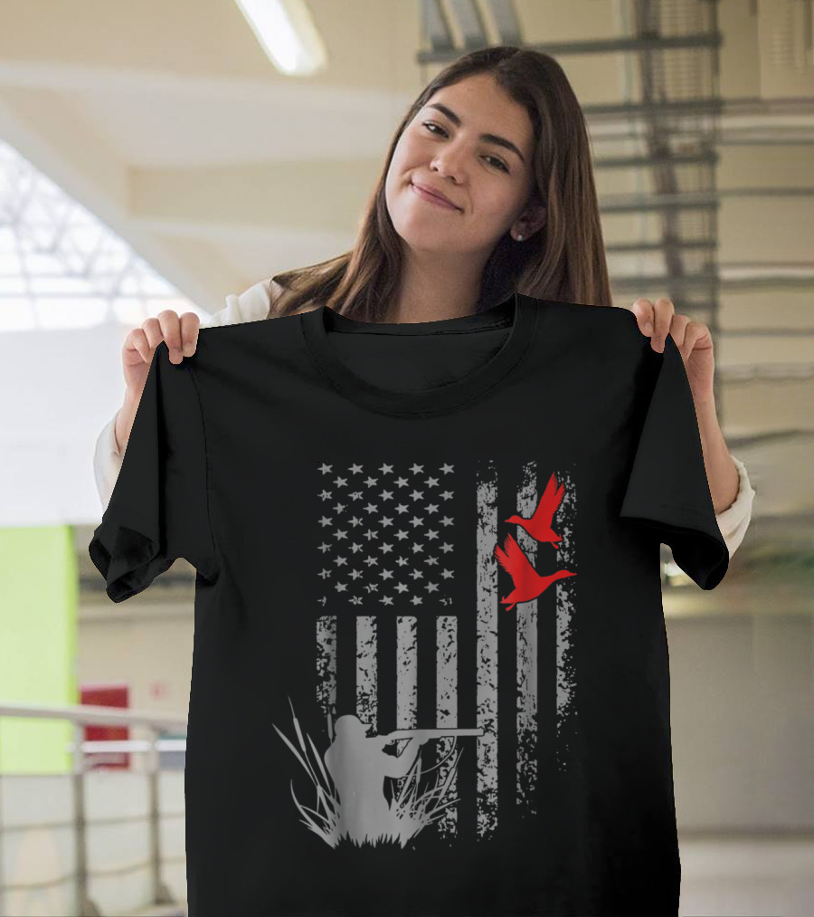 American Flag Duck Hunting Clothing Hunter With Rifle Birds T-Shirt
