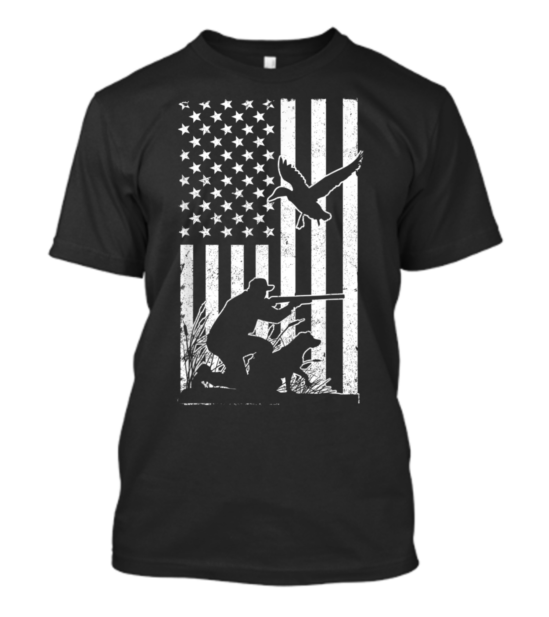 Duck Hunting USA Flag Waterfowl Geese Silhouette With Hunter And Dog T-Shirt
