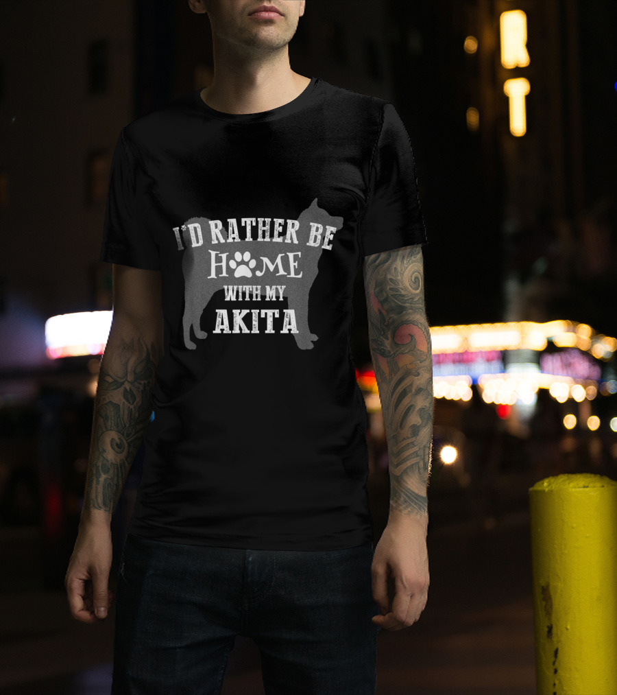 I'd Rather Be Home With My Akita Silhouette And Paw Prints T-Shirt