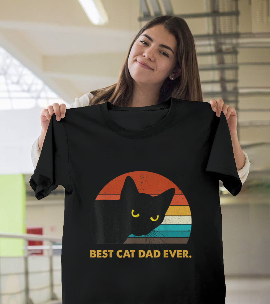 Best Cat Dad Ever Vintage Black Cat Retro Sunset T-Shirt