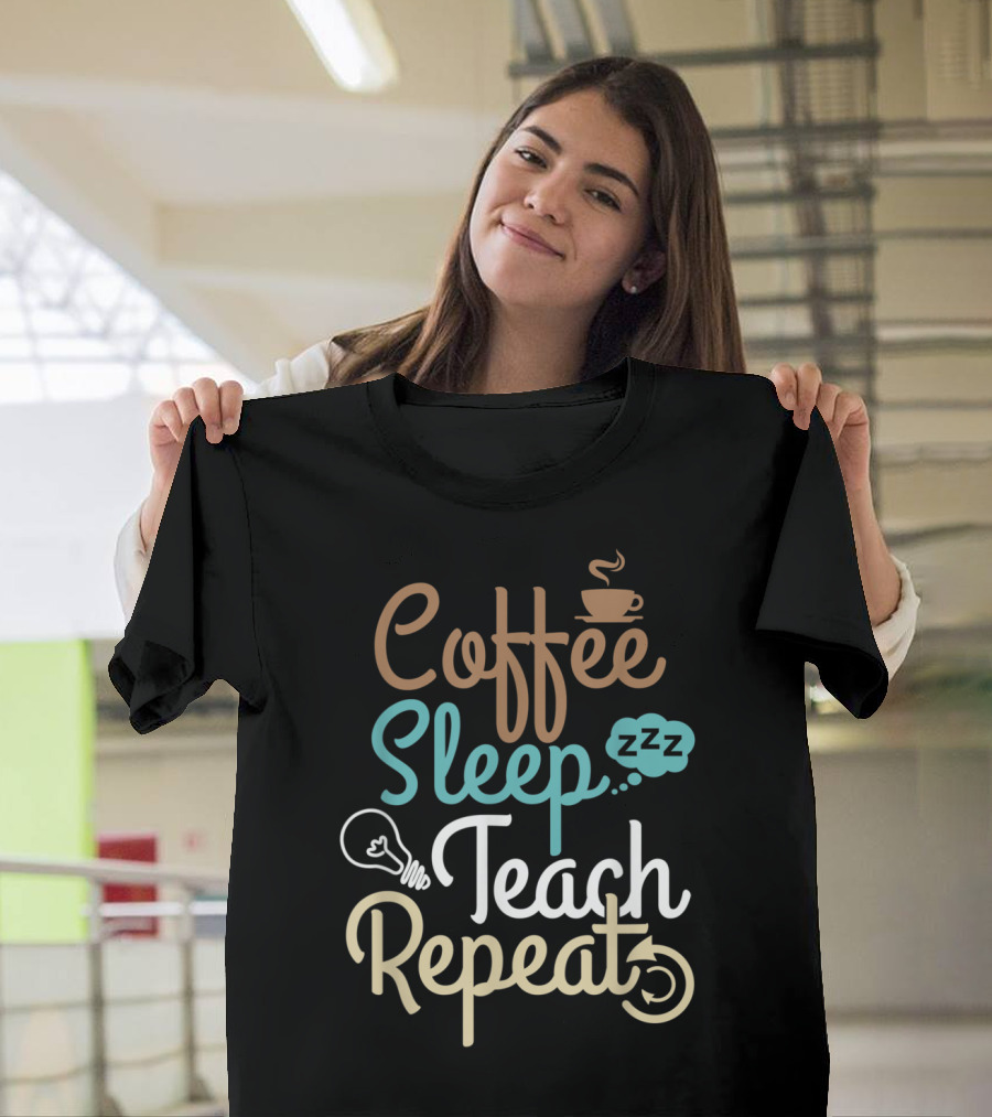 Coffee Sleep Teach Repeat Math English with Coffee Cup and Light Bulb Icons T-Shirt