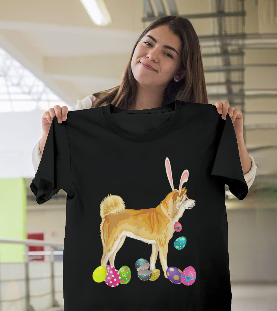 Akita Inu Wearing Bunny Rabbit Ears Surrounded by Colorful Easter Eggs T-Shirt