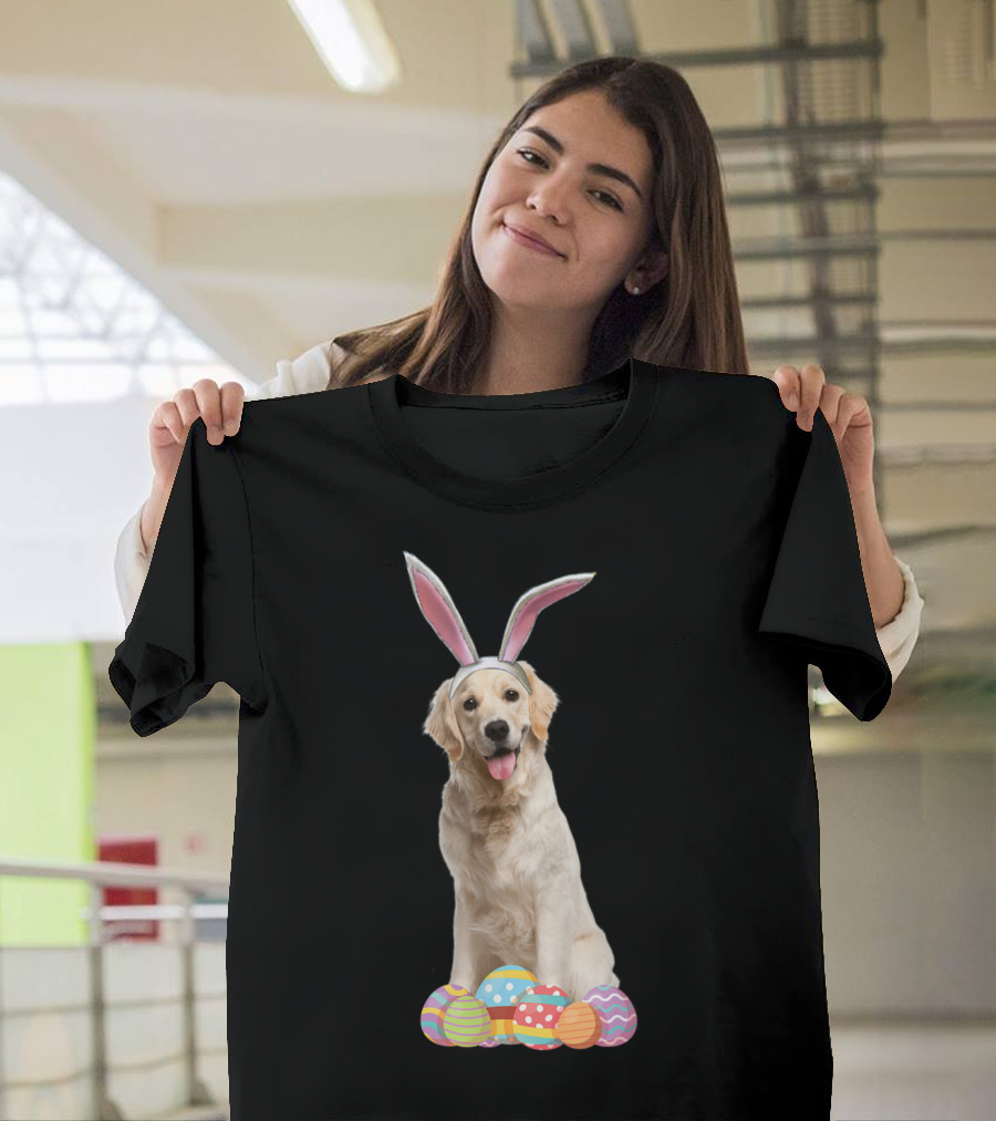 Golden Retriever with Bunny Ears Surrounded by Colorful Easter Eggs T-Shirt