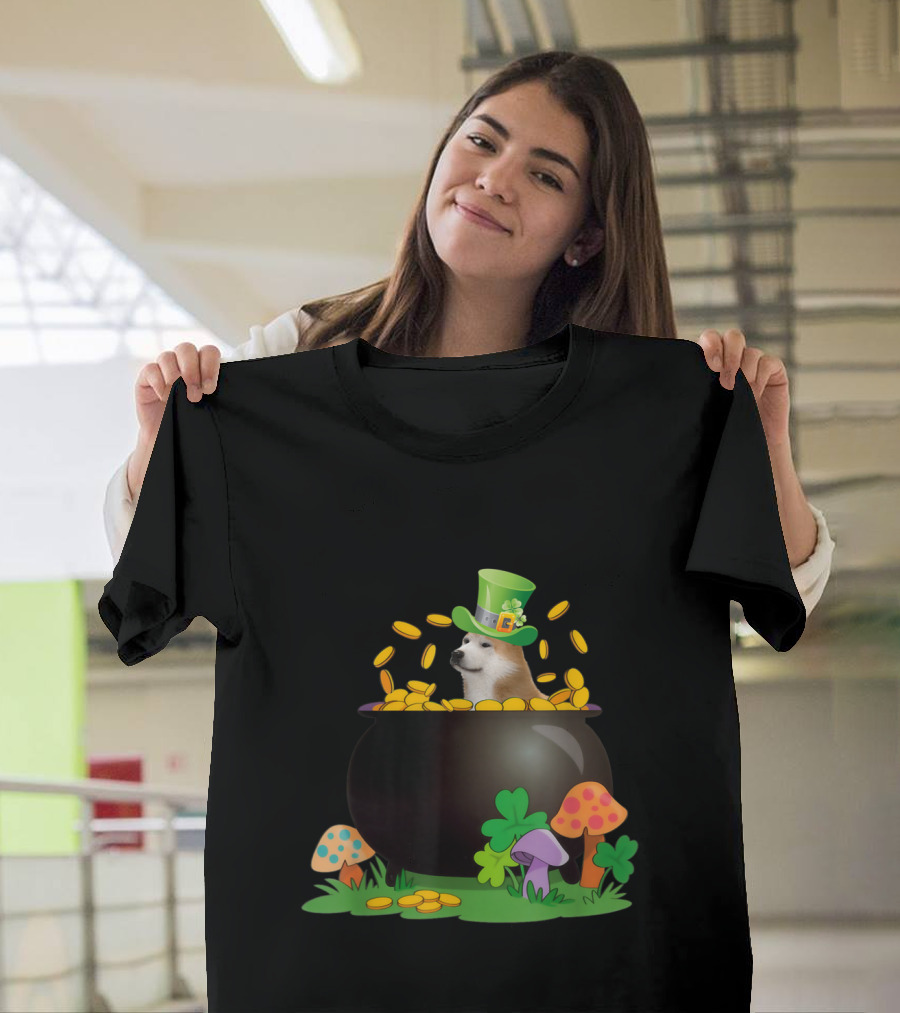 Akita Dog in Leprechaun Hat with Pot of Gold for St Patrick's Day T-Shirt