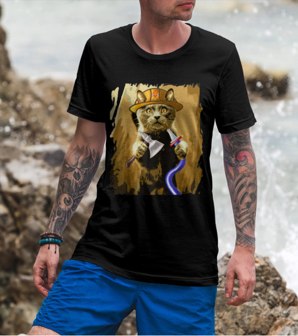 Funny Cat Firefighter Holding Axe And Hydrant Hose Fireman T-Shirt