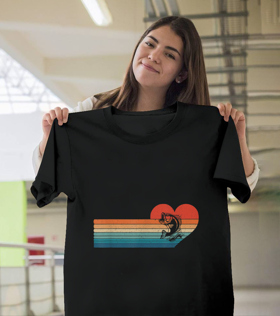 Retro Sunset Striped Heart with Jumping Fish T-Shirt