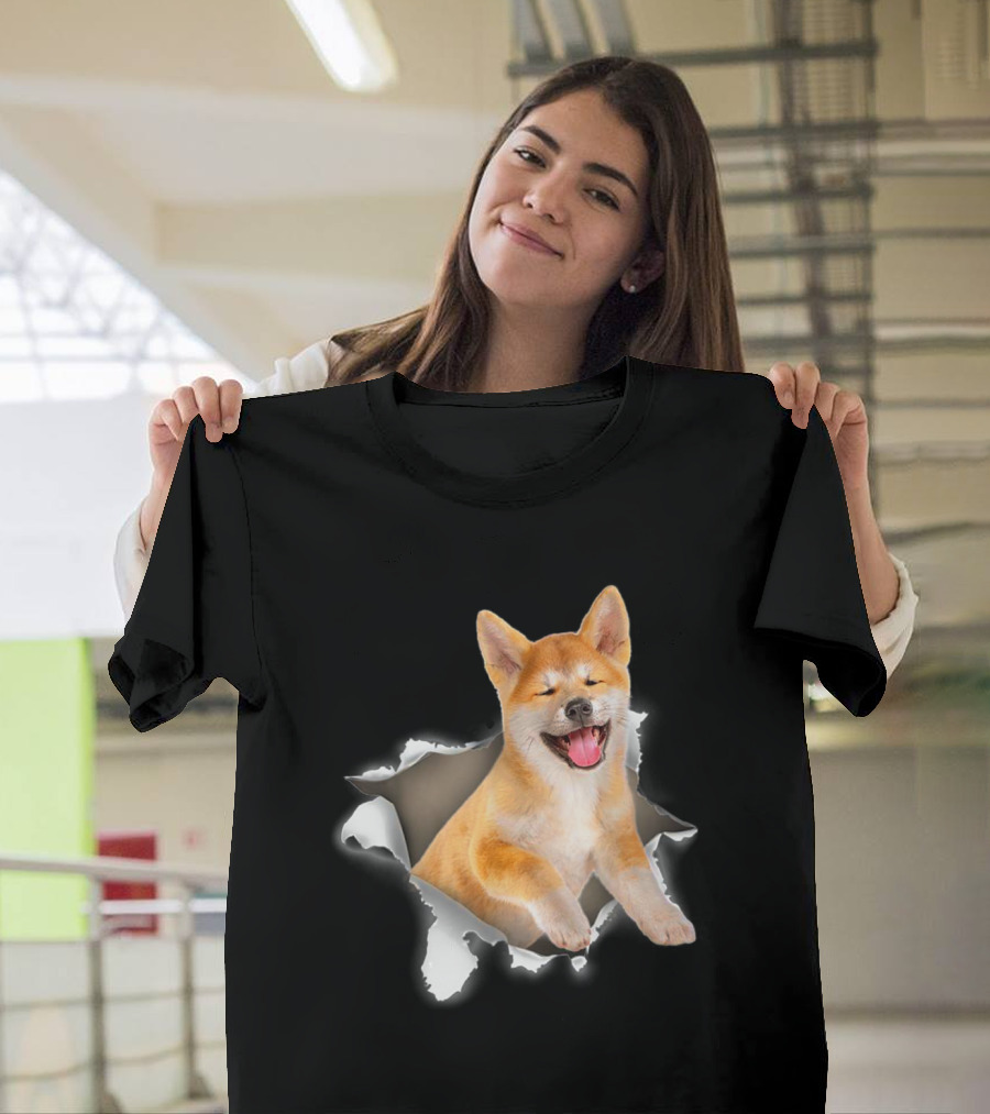 Akita Dog Smiling Through Torn Paper Hole T-Shirt