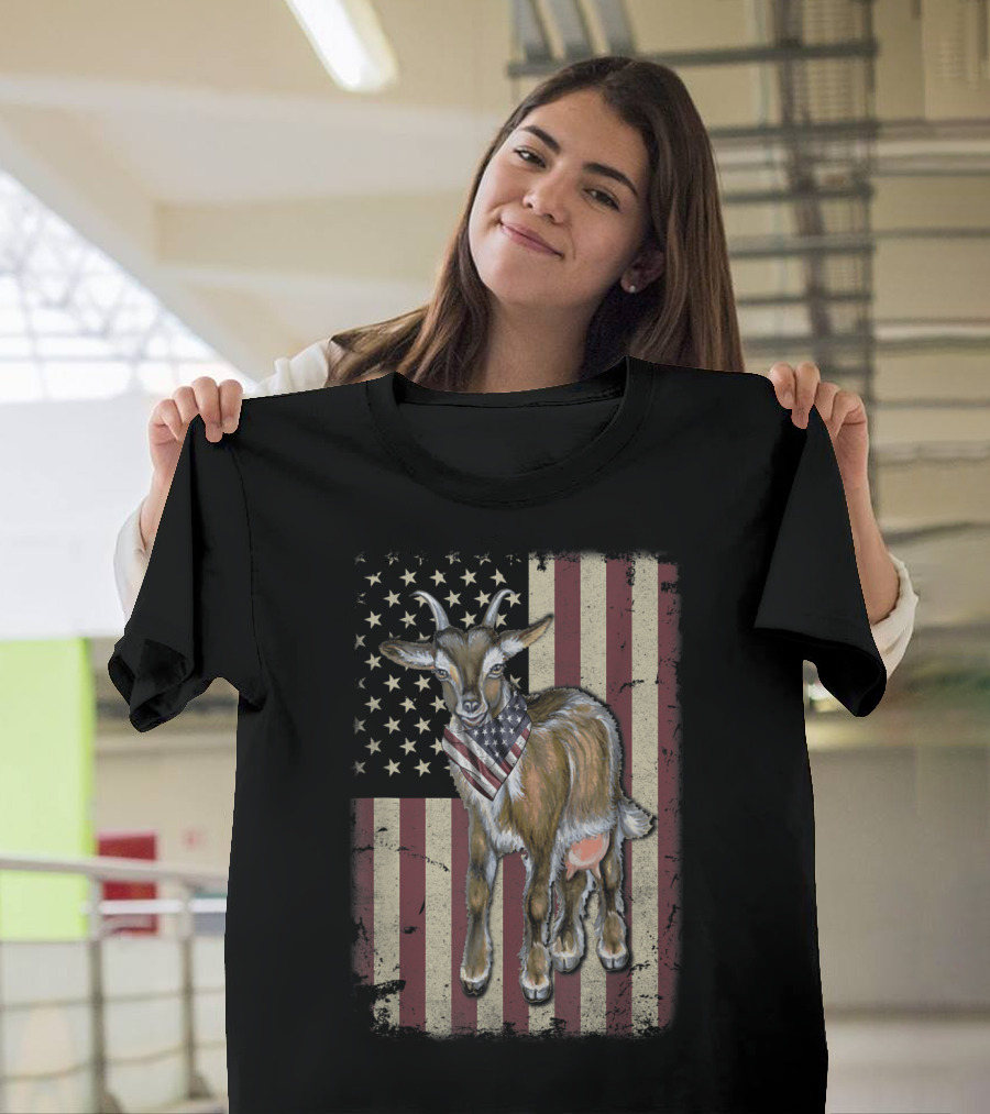 Goat Wearing American Flag Bandana on Distressed American Flag Background Patriotic T-Shirt