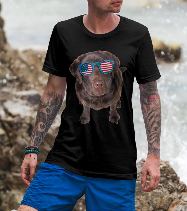 Chocolate Lab With American Flag Sunglasses Patriotic Dog T-Shirt