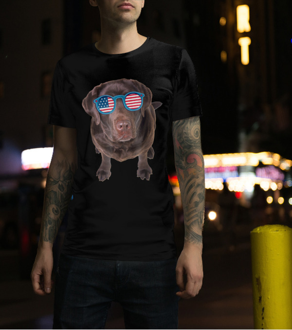 Chocolate Lab With American Flag Sunglasses Patriotic Dog T-Shirt