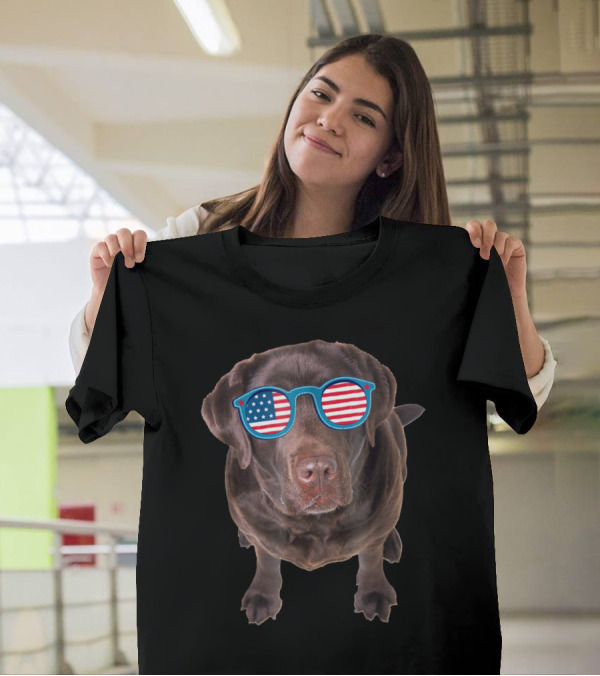 Chocolate Lab With American Flag Sunglasses Patriotic Dog T-Shirt