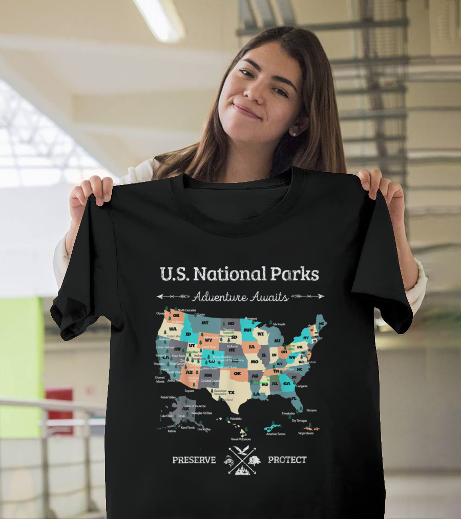 U.S. National Parks Adventure Awaits Map Preserve Protect T-Shirt