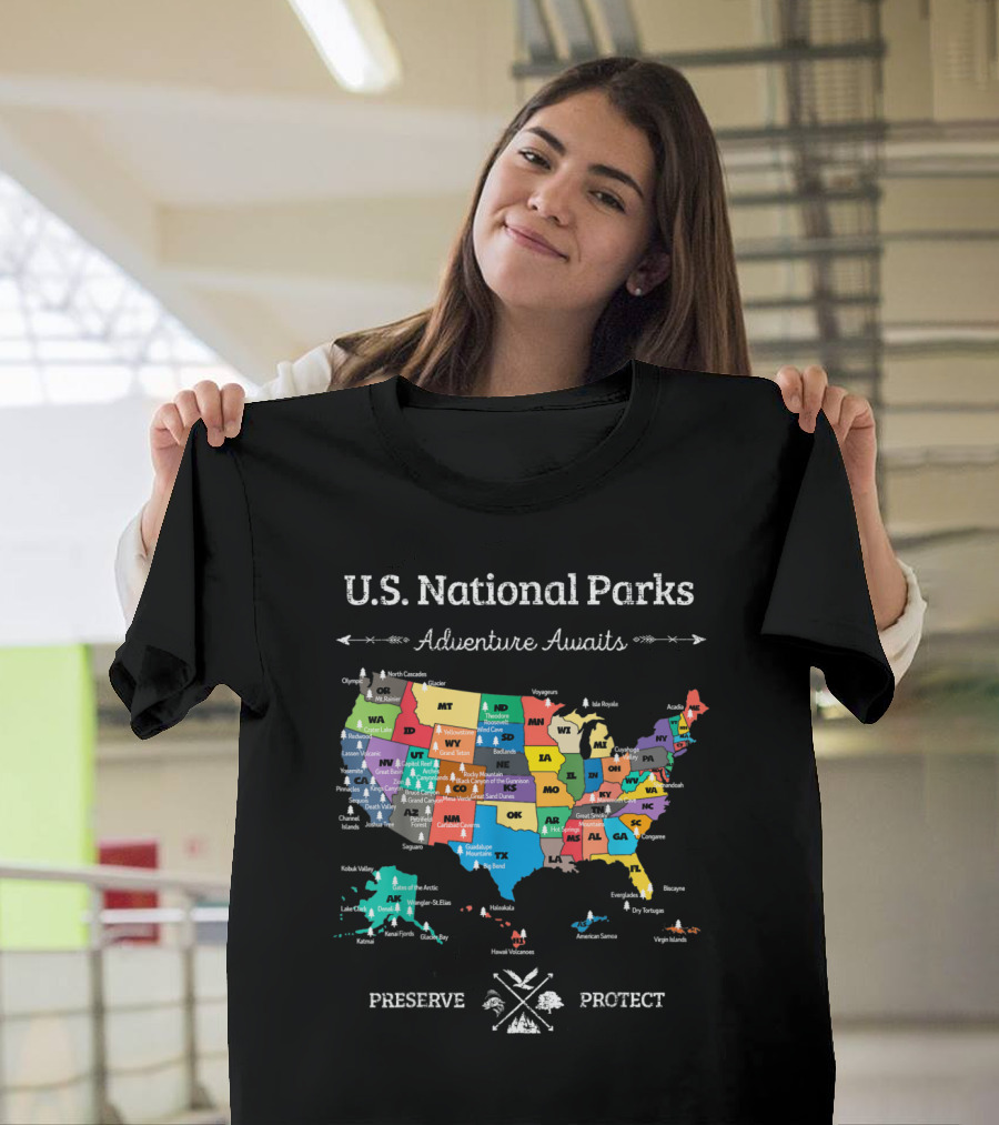 U.S. National Parks Map Adventure Awaits Preserve Protect All 59 Locations T-Shirt
