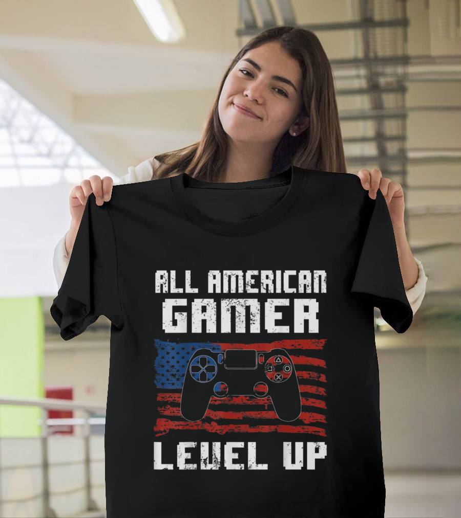 All American Gamer Level Up USA Flag Video Controller 4th July T-Shirt