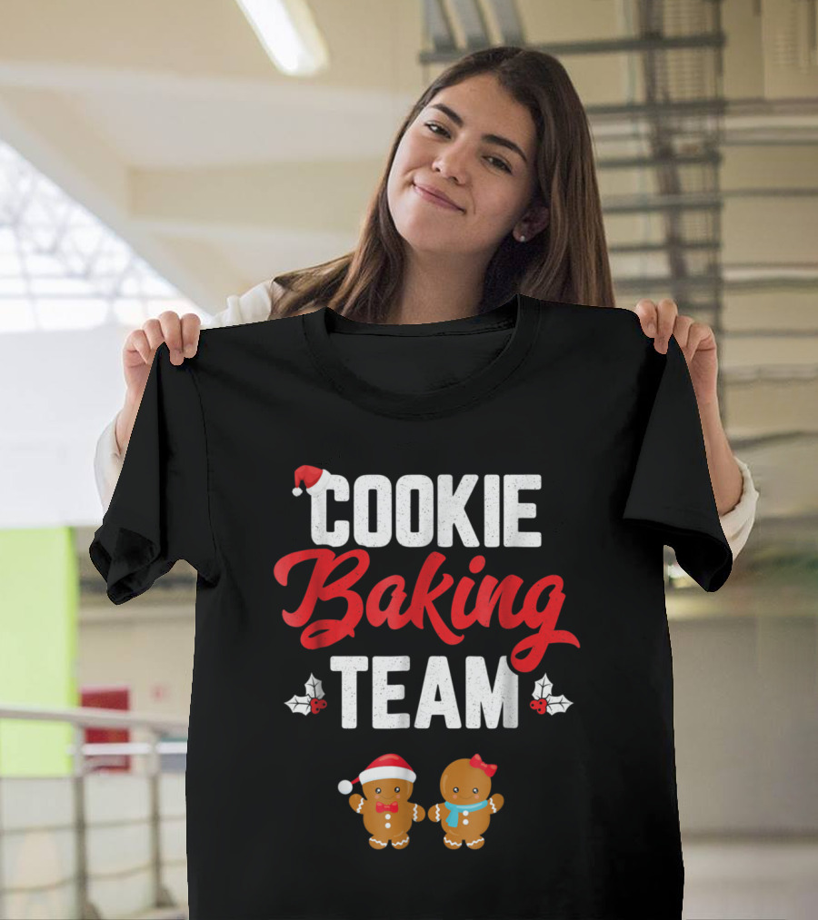 Cookie Baking Team Gingerbread Holiday Cheer with Santa Hats and Holly T-Shirt