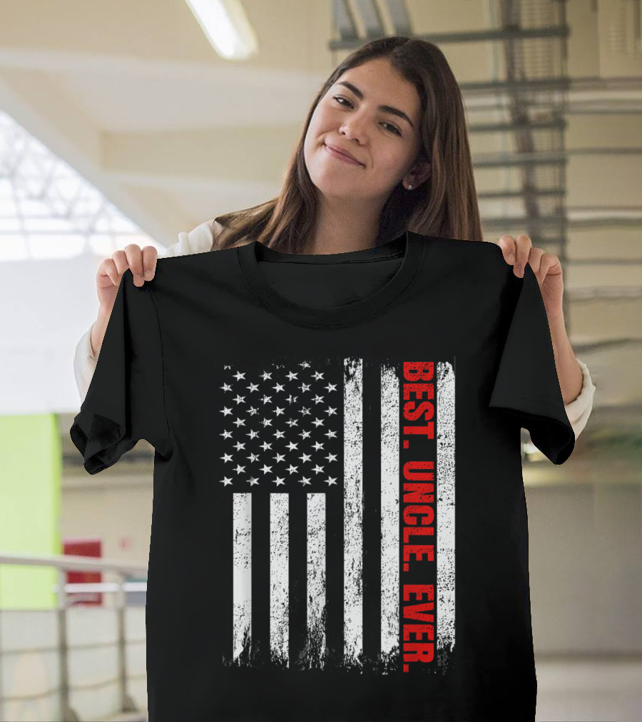 USA Flag with Best Uncle Ever Vertical Text in Red Letters T-Shirt