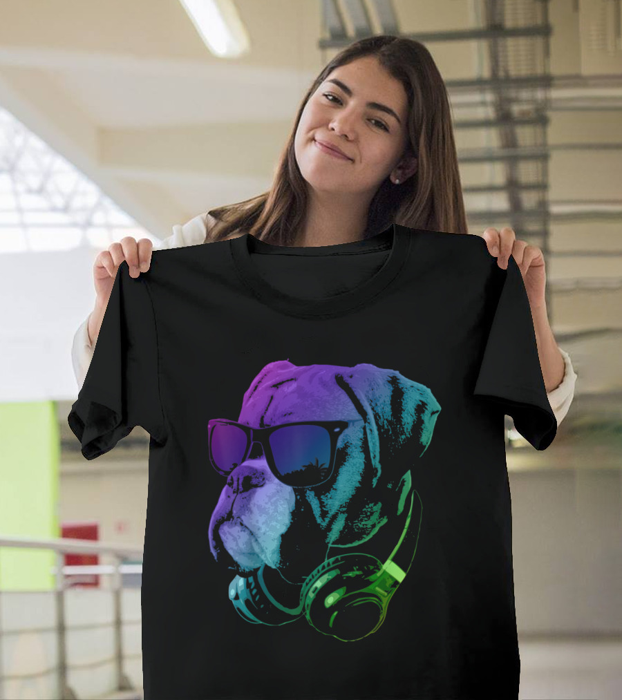 Cool Vibrant Boxer Dog with Sunglasses and Headphones T-Shirt