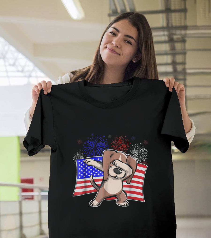 Dabbing Beagle Celebrating Independence Day with American Flag and Colorful Fireworks T-Shirt