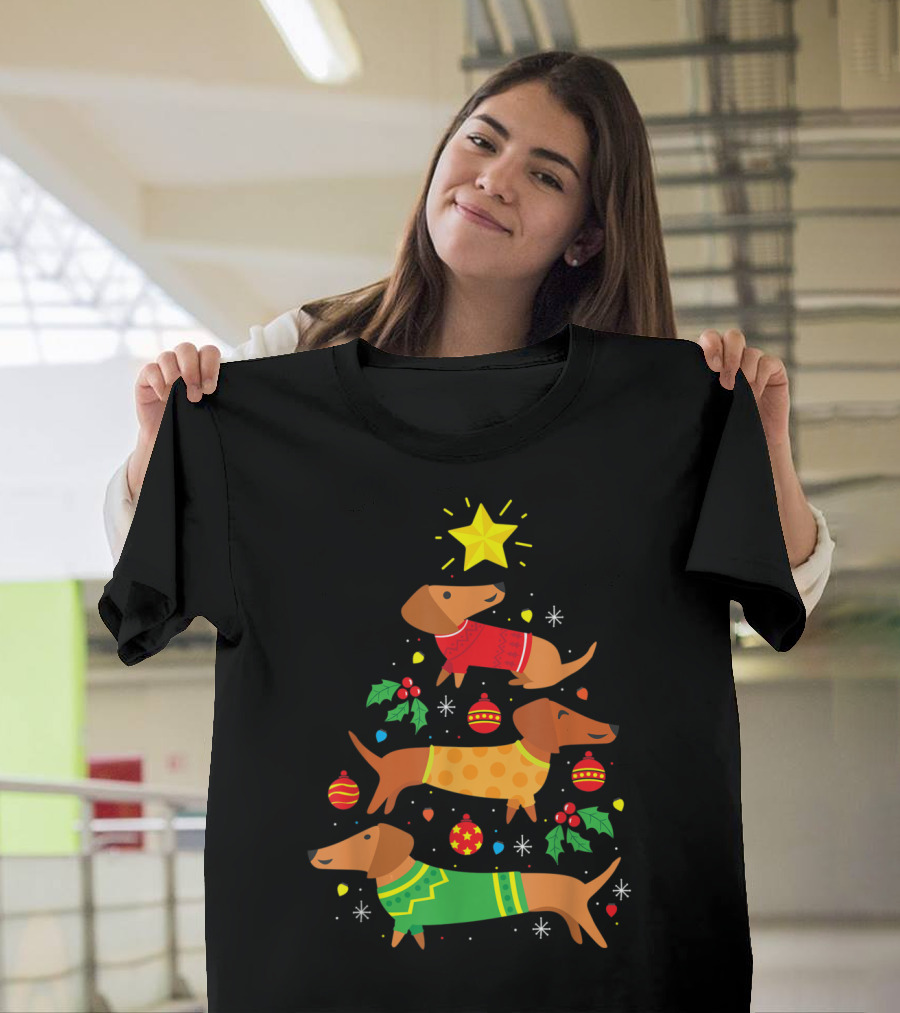 Funny Dachshund Christmas Tree Ornament with Festive Star and Holiday Sweaters T-Shirt